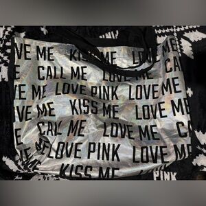 Victoria's Secret PINK Silver Holographic Love Me Kiss Me Call Me Large Tote Bag